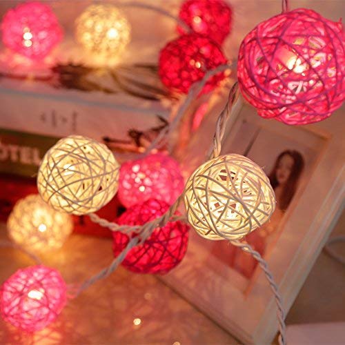 SLRMKK Rattan Ball Fairy Lights, Battery Operated - 20 LEDs - 3m/9.8ft Clear Cable - Rattan Ball String Lights by Decorations Lights (Warm White+ Blue)