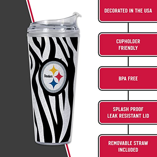 Image of Rico Industries NFL Football Glitter 24oz Acrylic Glitter Tumbler with Hinged Lid, Officially Licensed Double Wall Tumbler with Straw