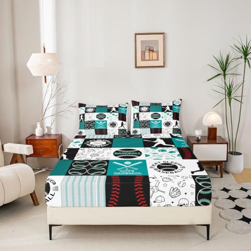 Image of Castle Fairy Baseball Bed Sheet 4 Piece,Patchwork Baseball Sheets Full Size Bed Set,Sports Geometric Grid Green Bedding Set with Flat,Fitted Sheet,2 Pillow Cases