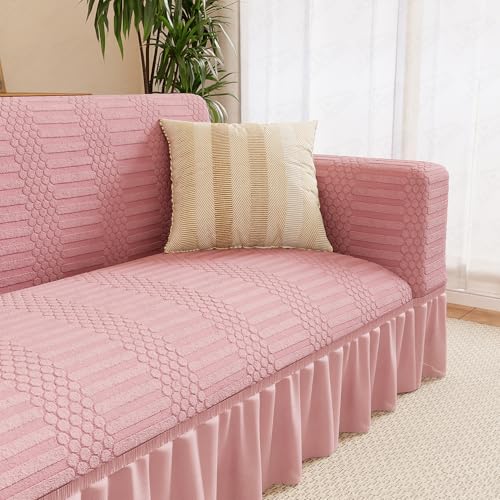 Image of Lukzer 2 Seater Jacquard Sofa Cover with 360 Frill Skirt - Pastel Pink Dotted Stripe | 240 GSM Stretchable Anti-Slip Fully Covered Universal Couch Cover for Living Room (140-180CM /SC-068-02F)