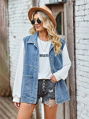 Image of PAODIKUAI Women's Oversized Denim Vest - Sleeveless Distressed Jean Vest with Pockets for Casual Layering