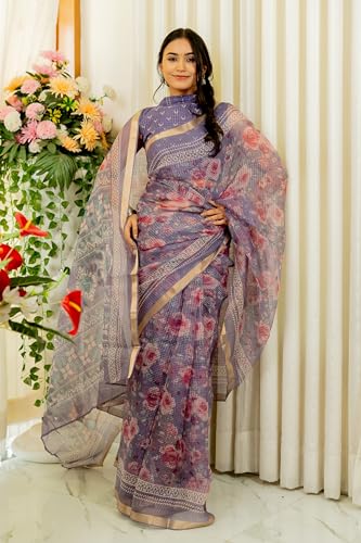 Image of MIRCHI FASHION Kota Doria Cotton Saree with Blouse Piece | Leaf Floral Printed Saree for Women | Traditional Ethnic Daily Wear Summer Saree