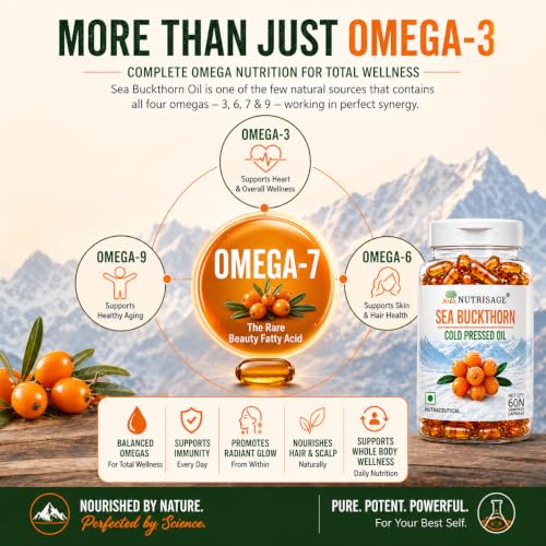 Image of Sea Buckthorn Oil Capsules 1200mg Daily Serving | Cold Pressed Himalayan Omega 7 Formula | Supports Skin Hydration, Glow, Hair & Whole Body Wellness | Omega 3 6 7 9 | 60 Capsules
