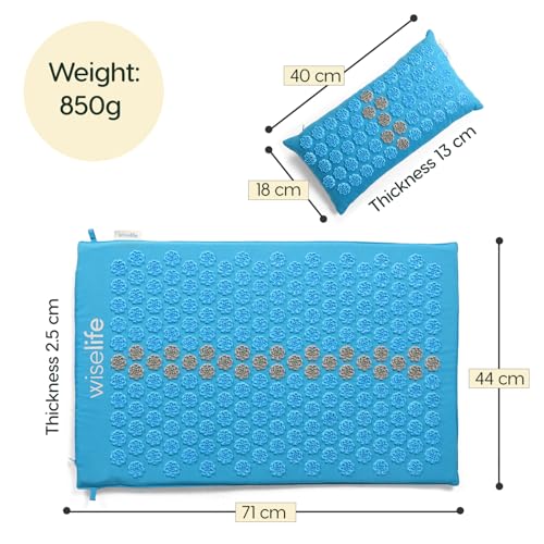 Image of Wiselife Acupressure Mat and Pillow Set with Bag - Large 71x44 cm Spike Acupressure Mat for Back & Neck Pain Relief, Muscle Relaxation, Stress Relief & Sciatica Support (Light Blue)