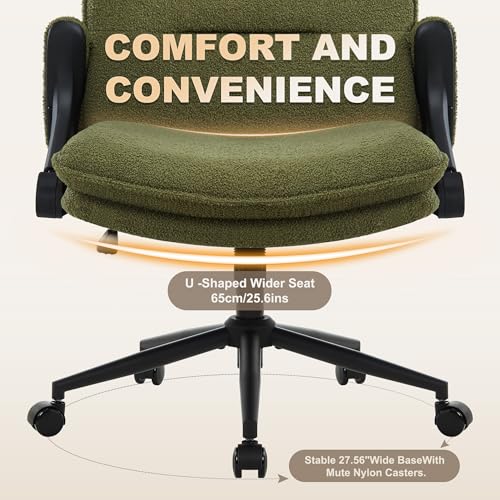 Image of Criss Cross Legged Office Chair with Wheels and Flip-Up Arms, Ergonomic Wide Seat Desk Chair with Thick Padded, Height Adjustable Criss Cross Chairs for Home Office, Bedroom,Vanity,Green