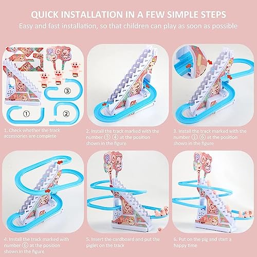 Image of MOROVIK Duck Slide Toy Set, Funny Automatic Stair-Climbing Ducklings Cartoon Race Track Set Little Lovely Duck Slide Toy Escalator Toy with Lights and Music (Duck Slide) (Pig Slide Pack of 1)