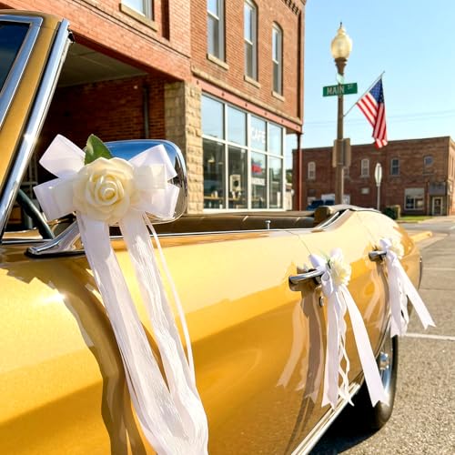 Image of 6PCS Wedding Car Door Handle Flowers, White Artificial Cars Rearview Mirror Bouquet Flower Bowknot Ribbon Decors, Just Married Automotive Decoration Accessories for Door Handles and Rearview Mirrors