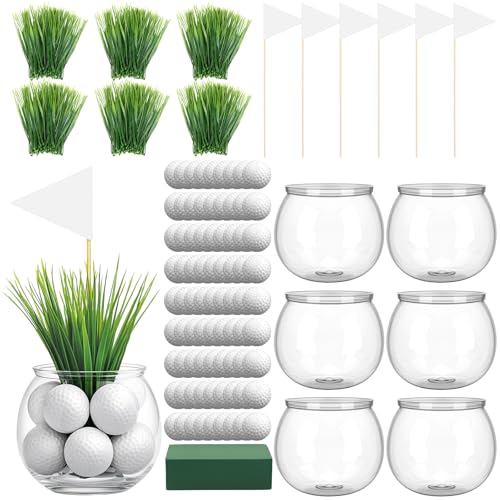 LemonRoad 6 Set Golf Party Centerpieces Table Decorations with Hollow Plastic Ball Artificial Grass Flag Flower Mud Sport Centerpiece Table Toppers for Golf Birthday Party Baby Shower Supplies