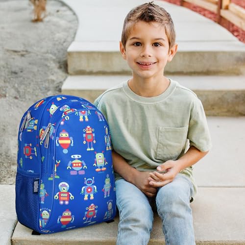 Image of Wildkin 15 Inch Backpack for Kids, Robots | Ages 5-10, padded straps, side water bottle pocket - coordinates with matching Wildkin lunch boxes and water bottles