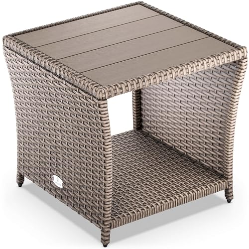 Casaria Table d'appoint en polyrotin Beige Plateau de Table en WPC 45x45x40cm Table Jardin Balcon réglable en Hauteur
