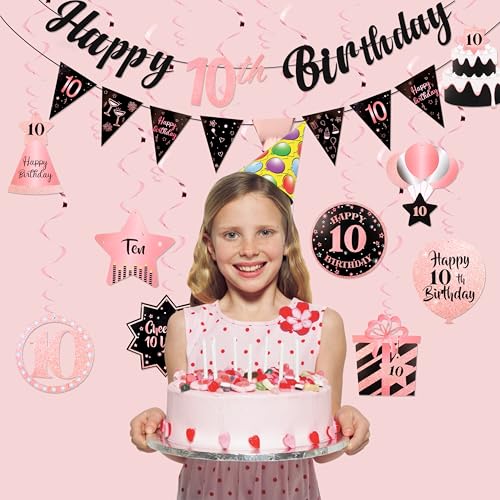Image of 10th Birthday Decorations for Girls Rose Gold Pink Pre Strung Happy 10th Birthday Banner and Hanging Swirls 10 Year Old Party Decorations Supplies