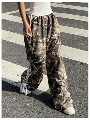 OYOANGLE Women's Graphic Print Striped Bow Tie Side Pants Elastic High Waist Wide Leg Baggy Y2K Trousers4