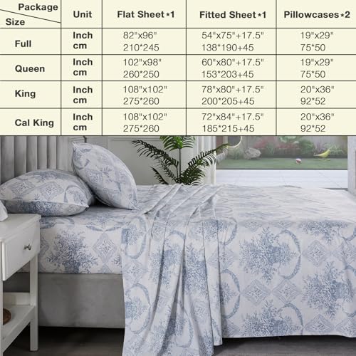 Image of Blue-Grey Floral Boho Sheets, Queen 100% Cotton Percale Cream White Vintage Sheet Set, Shabby Flower Chic Deep Pocket Cozy House Bed Sheets, Soft Crisp Designer Luxury Toile Bedding, 4Pcs