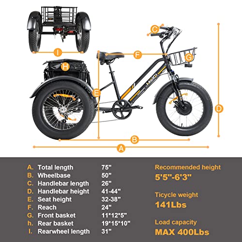 Dwmeigi 3 Wheel Electric Bike For Adult With 750W Motor, 48V 18.2Ah Removable Lithium Battery, 20"*4.0 Fat Tire Tricycles For Men Women With Front & Rear Baskets, 7 Speed (Black) #TOP1