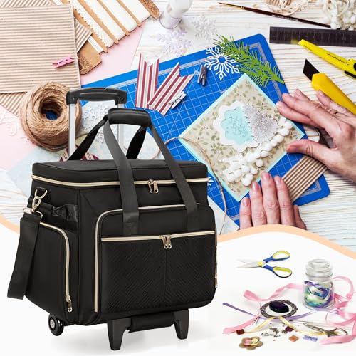 Prokva Scrapbook Tasche auf Rollen, Scrapbook Aufbewahrungstasche mit Rollen, Bastelwagen Organizer mit abnehmbarem Trolley, Organizer Tasche für Kunstbedarf für Künstler, Bastler und Lehrer, Schwarz