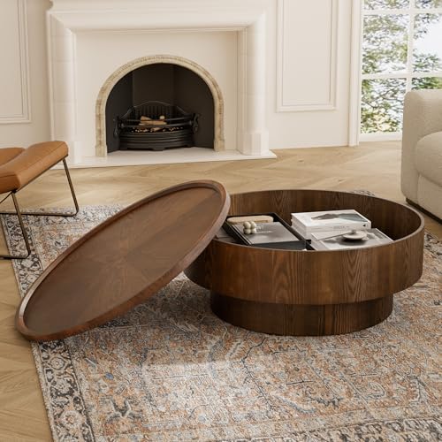 SOUWOFS 30.7'' Round Drum Coffee Table Modern Wooden Coffee Table with Storage, Contemporary Luxury Circle Center Tables Accent Tea Table for Living Room Apartment Small Space