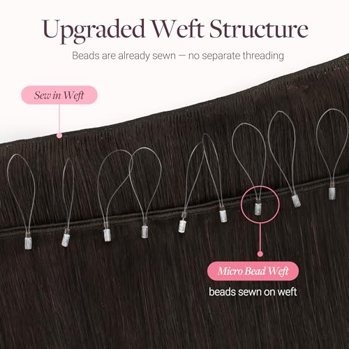 Image of GOO GOO Sew in Hair Extensions Real Human Hair, Micro Beaded Weft Hair Extensions Human Hair, 2 Dark Brown 14 Inch 80g, Installation Customizable with Pre-attached Beads, Natural Volume