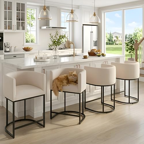 Image of HNY Modern Counter Height Bar Stools Set of 4, 24 inch Linen Counter Stools with 8.5 inch Extra Tall Barrel Back, Black Tubular Frame, Deep Comfortable Seat Island Stools for Kitchen Counter, Home Bars, Cream