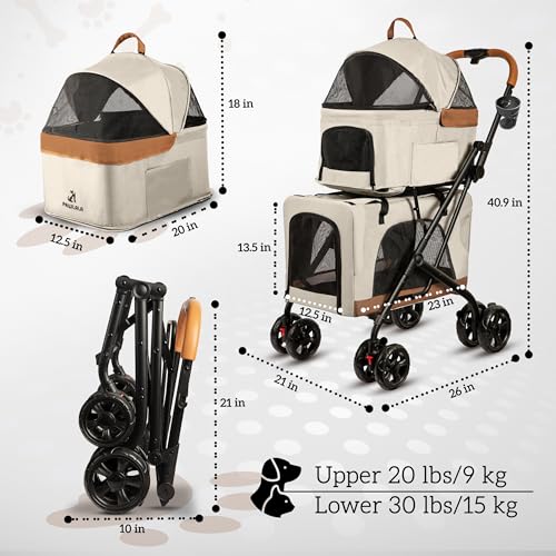 Image of Double Pet Stroller with Detachable Carriers - Ideal for 2 Dogs or Cats - Compact & Convenient Design - Easy Assembly Double Dog Stroller - Cosmic Beige
