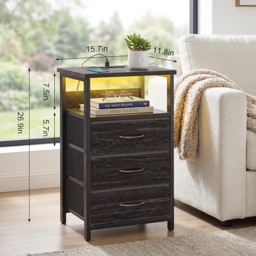 Image of Fixwal Night Stand with 3 Fabric Drawers, Nightstand with Charging Station