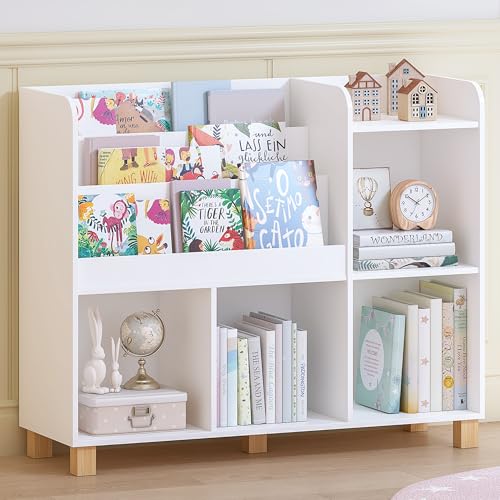 Image of Spirich Kids Bookshelf and Toy Storage, Children Cube Organizer Bookcase Shelf, Tall Kids Book Rack for Bedroom, Playroom and Nursery, White