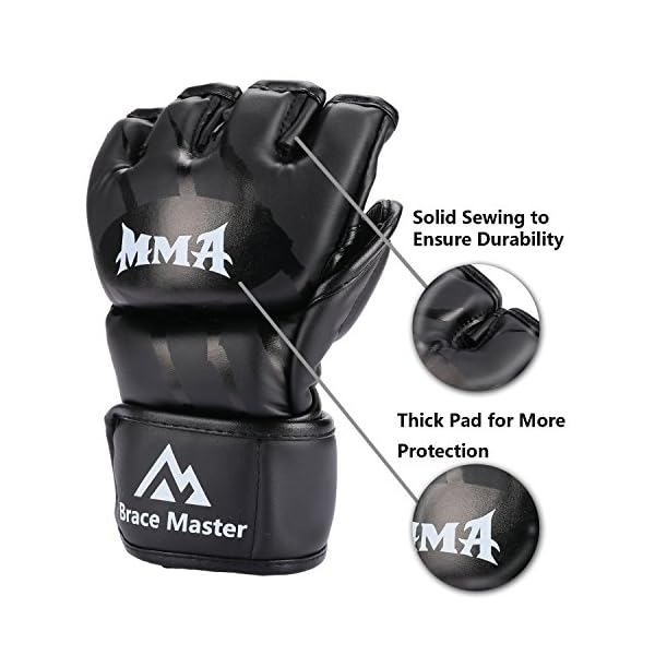 Brace Master MMA Gloves UFC Gloves Boxing Gloves for Men Women Leather More Paddding Fingerless Punching Bag Gloves for Kickboxing, Sparring, Muay Thai and Heavy Bag (Black, Large)