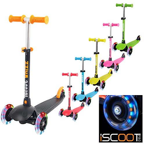 iScoot Whizz© Light Weight 3 Wheel Tilt and Turn Kick Scooter with LED Light Up Wheels T-Bar Bobbi Board for Kids - Ages 3-5 - Red