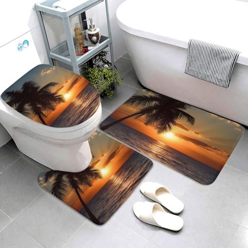 Dwrepo Sunset Palm Tree Ocean Print Bathroom Rug Set 3 piece with Non-Slip U-Shaped Contour Mat and Toilet Lid Cover for Bathroom Decoration