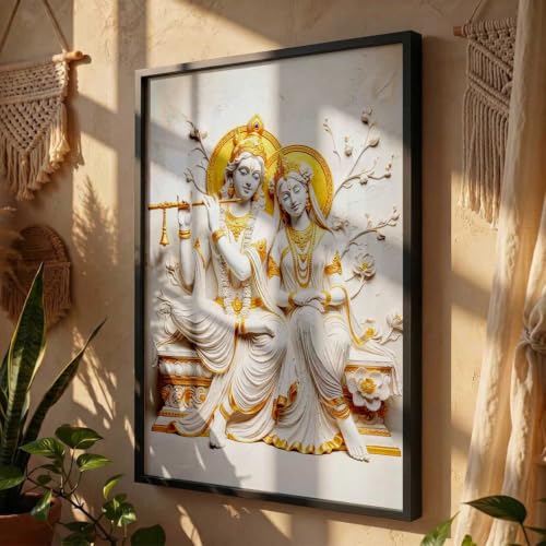 Image of CRAFTLYN Hindu God Wall Art WALL ART Prints Framed Spiritual Religious Paintings for Living Room, Pooja Room, Bedroom, Office, Meditation Room, Home Decor (Radha krishna 1, 19 X25, Black)