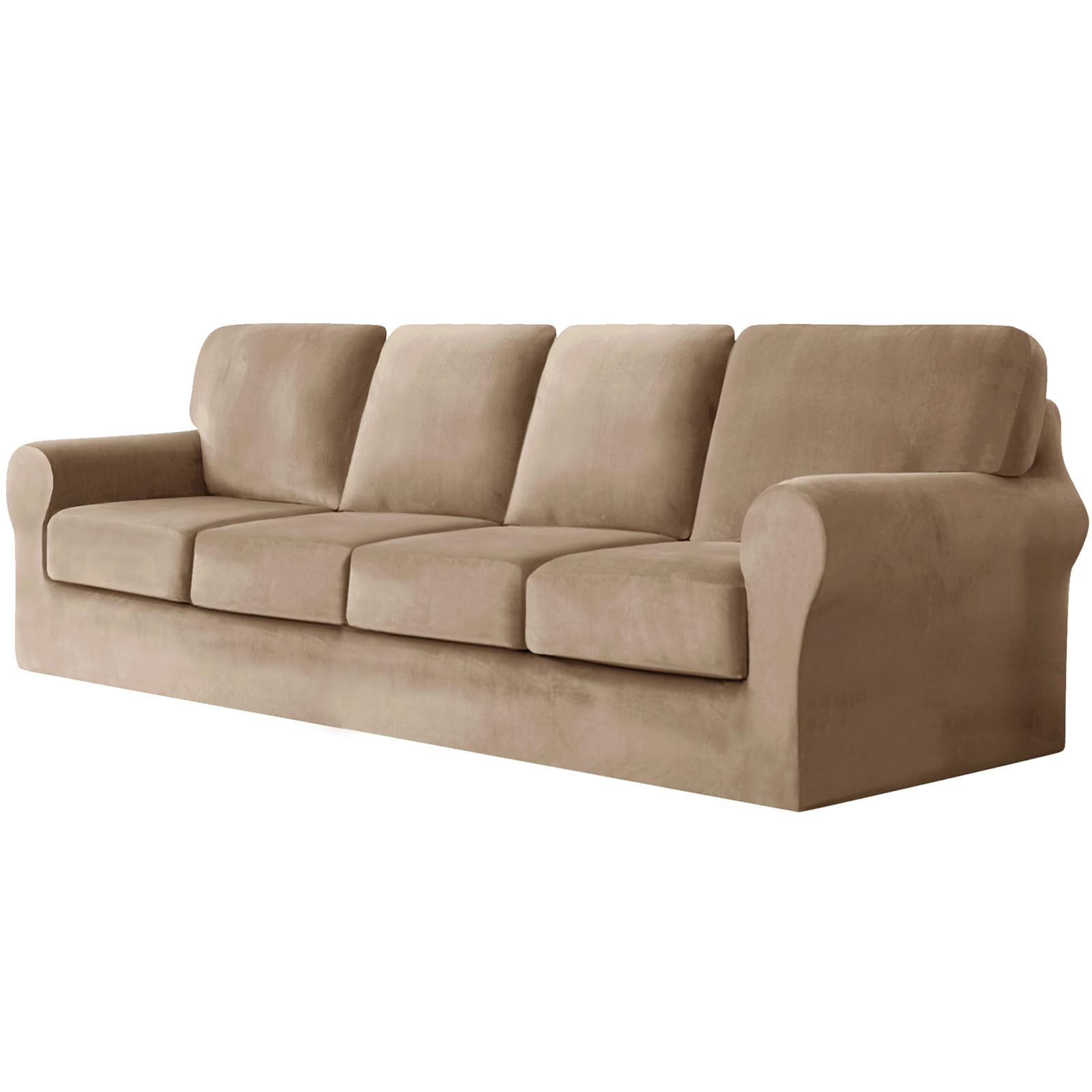 SYLC Sofa Cover with Separate Seat Cushions and Backrests Stretch Velvet Sofa Slipcover Couch Covers Furniture Protector Split Combined (Sand,4 Seat Set 9 PCS)