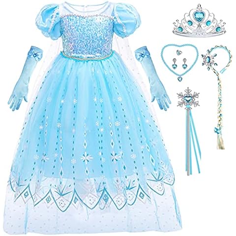 ZaisuiFun Elsa Kostüm Mädchen Eiskönigin Blau Eisprinzessin Kleid Schneekönigin Verkleidung Kinder Tüll Kurzarm Fasching Party Cover