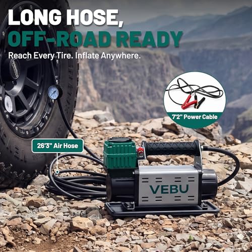 Image of 12V Air Compressor, 125PSI Tire Inflator with In-line Pressure Gauge, 5.65CFM Fast Inflation for Off-road Vehicles, Trucks, SUVs, RVs, ATVs, DC Power, Corded Electric