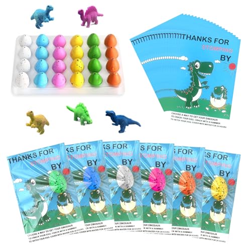BIBARAJM 24 Pack Dinosaur Party Mini Dinosaur Toys contain 24 Favors Dino Eggs and Hatching Card Bulk Gifts Novelty Birthday Party Decorations