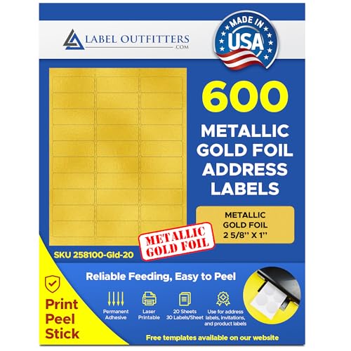 600 Label Outfitters 2 5/8” x 1” Printable Metallic Gold Foil Laser Permanent Adhesive Address Labels – 20 Sheets