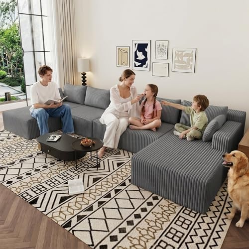 Image of 160 inch U-Shape Cloud Couch, Modern Modular Sectional U-Shape Sofa, Corduroy Boneless Couch Upholstered Couches Deep Seat Sleeper Chaise Longue for Living Room, No Assembly Required,Light Gray