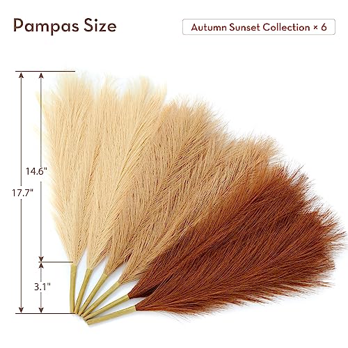 Image of Serwalin Pampas Grass Boho Home Decor, 17in 6pcs Artificial Dried Pampas Grass Decor, Fall Faux Pampas Grass Bouquet Living Room Wedding Party Centerpieces, Pompas Floral Vase Filler