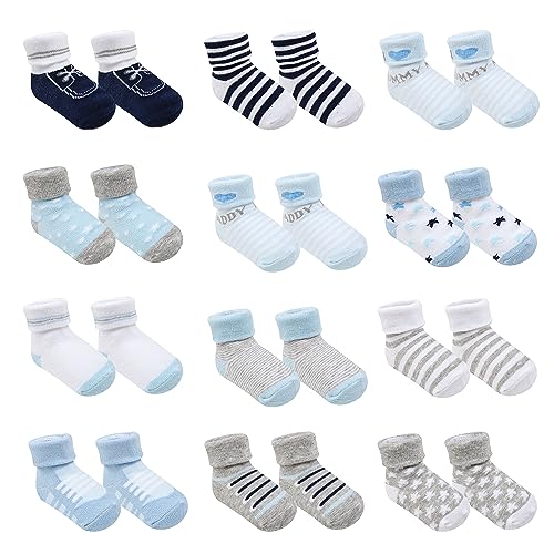 Image of infancie Baby Socks w/Grippers 0-6 & 6-12 Months | Safe Walking Non-Slip Sole | Stay-In-Place Ribbed Cuffs Unisex | 12Pairs