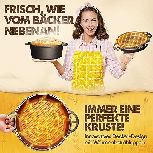 Foto von Gusseisen Topf Brotbackform mit Gärkorb & Bäckermesser- 26cm Schmortopf Gusseiserner mit Deckel, Gusseisentopf Brot Backen Brottopf Bräter, Brotbacktopf, Dutch Oven Töpfe Gusseisenpfanne Kochtopf
