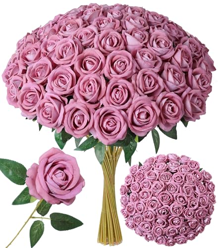 Image of 50 PCS Roses Artificial Flowers, Realistic Fake Roses with Long Stems Silk Flowers for DIY Wedding Bouquet Party Celebration Home Bridal Baby Shower Decoration Birthday Gift for Her Wife, Dusty Rose