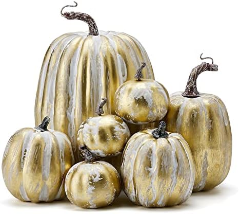 Qianderer 7Pcs Assorted Sizes Artificial Pumpkins Decoration Harvest Fall Orange Pumpkins Fake Foam Pumpkins for Autumn Thanksgiving Halloween Decorations (Yellow)