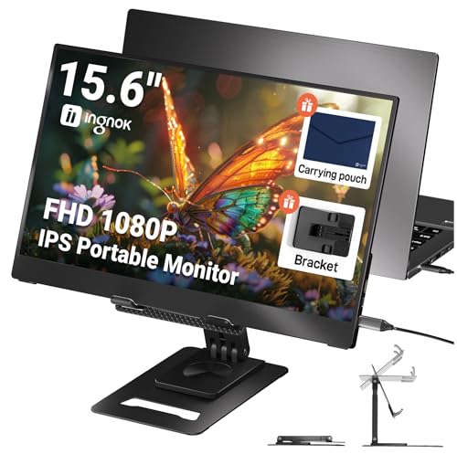 Ingnok 15.6 Portable Monitor FHD 1080P IPS Ultra-Slim Travel Monitor with Kickstand USB-C & Mini HDMI External Second Screen for Laptop/PC/MacBook/Phone/Gaming Devices