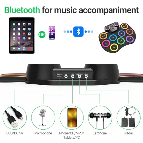 image for ROCKSOCKI Electronic Drum Set 9Pads with LED Lights, Bluetooth Portabl