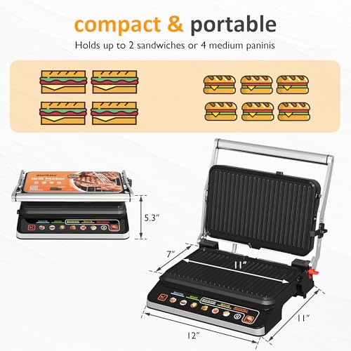 Image of SUNVIVI 3-in-1 Electric Grill Indoor, Panini Press & Sandwich Maker with Removable Plates, 1600W, 8 Cooking Modes, 180 Flat Opening, Adjustable Temp, Ceramic Nonstick Dishwasher Safe, Stainless Steel