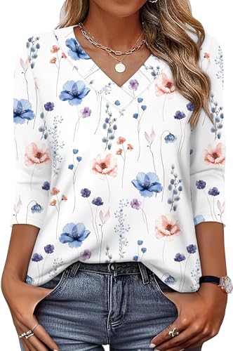 Image of XIEERDUO 3 /4 Length Sleeve Womens Tops V Neck T Shirts Summer Clothes Basic Blouses Dressy Casual 2026 Spring Outfits