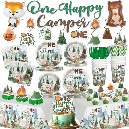 149 Pcs Camper 1st Birthday Decorations, 1st Birthday Party Supplies Set Serves 20 Guests, Including Foil Balloons, Banner, Cake Toppers, Tableware, Tablecloth for Camping 1st Birthday Party