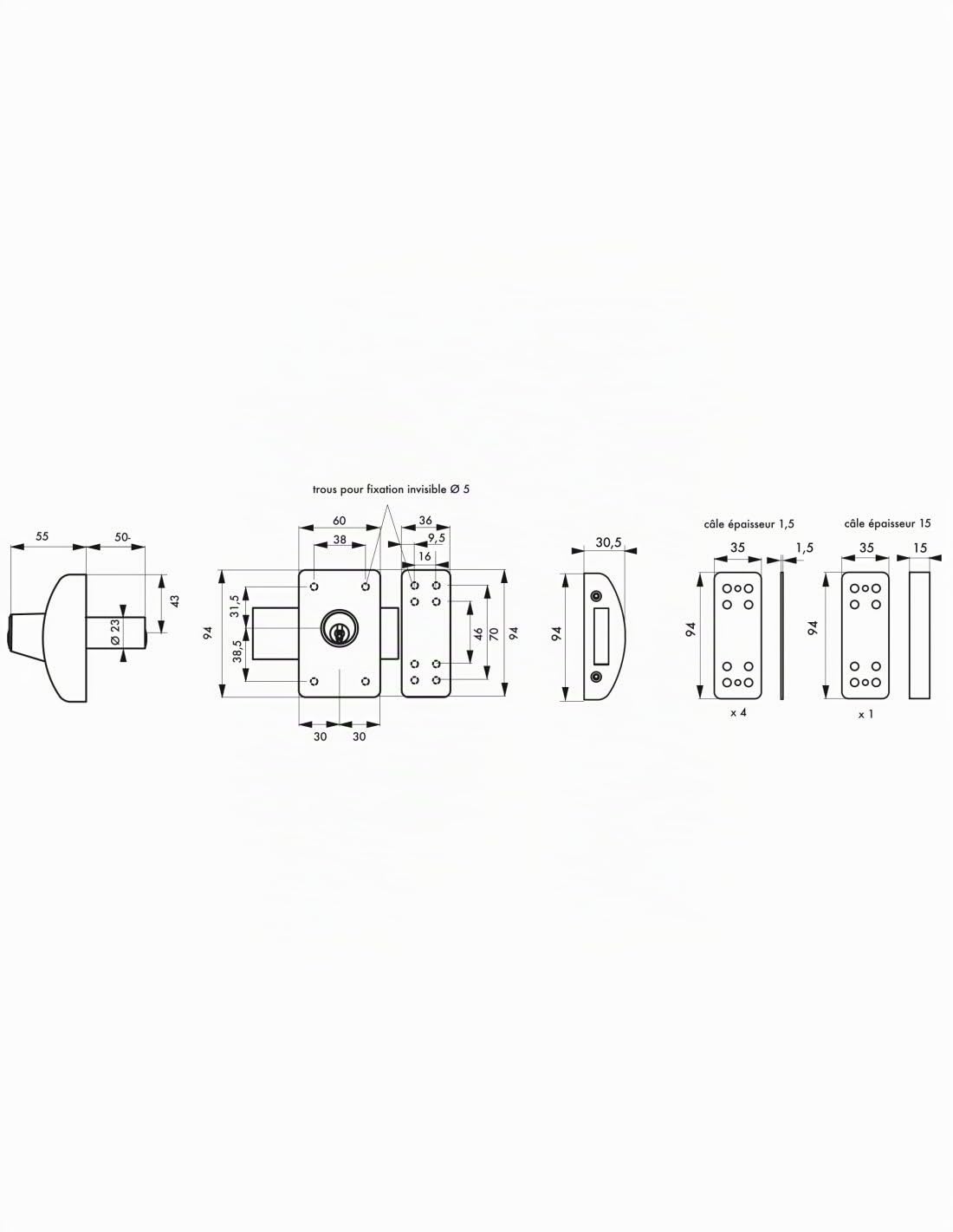 THIRARD - Verrou Double Entrée Design 5 pour Porte d'Entrée - Cylindre Laiton 50 mm - Ø 23 mm - Acier Époxy Argent - 3 Clés Plates Crantées - Hauteur 94 mm - Largeur 60 mm