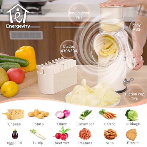 ENERGEVITY Manual Rotary Cheese Grater with Handle, 5 in 1 Replaceable Stainless Blades Cheese Shredder,Strong Suction Base Vegetable Slicer with Cleaning Brush & Bonus Storage Box for Blades (white) — view 4