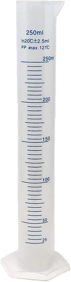 250ml Plastic Graduated Cylinder, Printed and Molded Graduations, Single Metric Scale, Polypropylene, Karter Scientific 237M2 (Single)