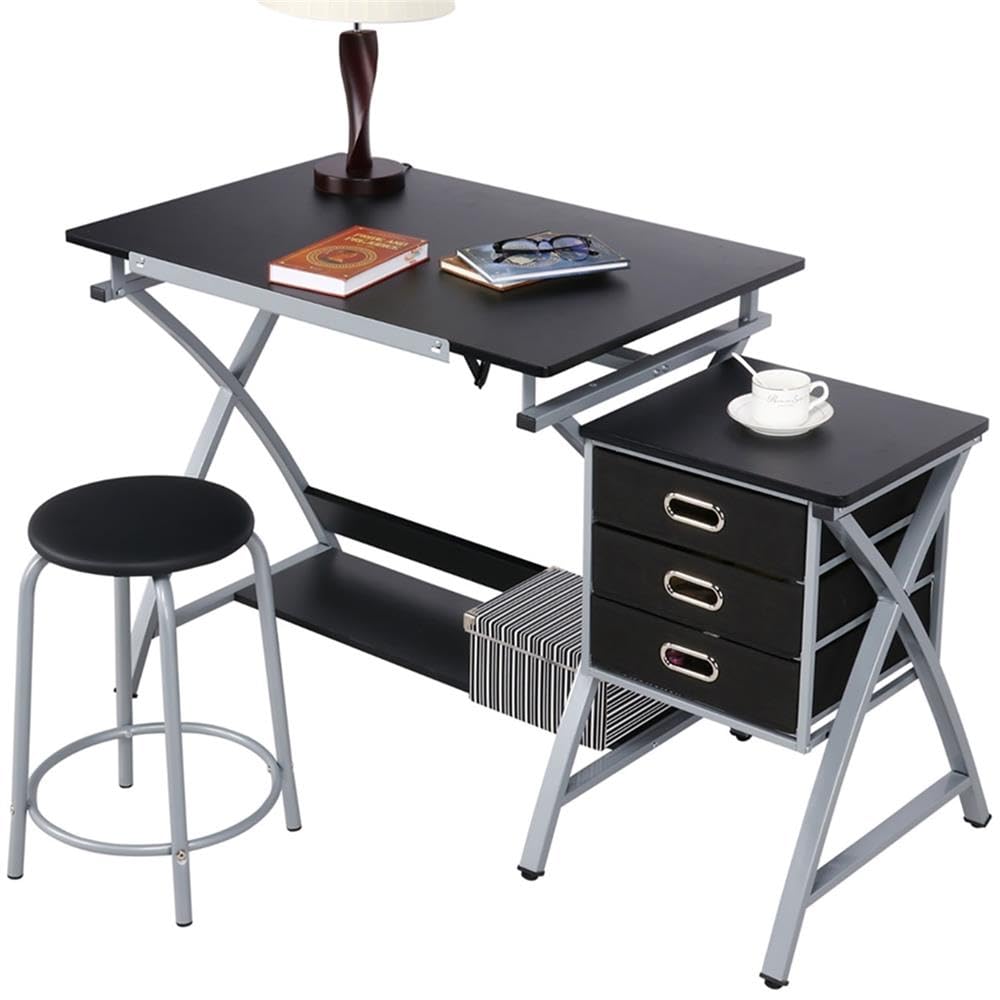 Yaheetech Mesa de Dibujo con Taburetes Mesa Inclinable Altura Ajustable Mesa Escritorio con 3 Cajones para Artista de Pintura Arquitecto