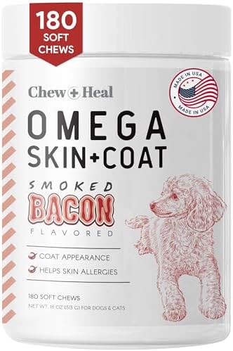 Omega for Dogs – 180 Delicious Soft Chews – Salmon Oil Treats for Skin and Coat, Itch Relief – Fish Oil Blend of Essential Fatty Acids, Omega 3, 6, and 9, and Vitamins – Smoked Bacon Flavor